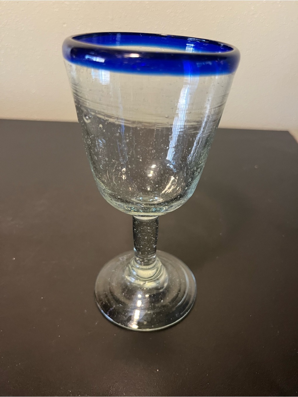 Mexican Hand-Blown Clear Wine Glass with Cobalt Blue Rim